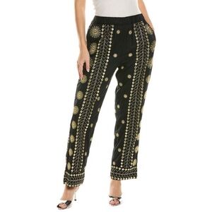Farm Rio embroidered gold suns straight leg black pants